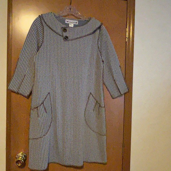 BEEBOP & WALLY Sz M Blue & Tan Pattern 3/4 Sleeve Shift Dress with Pockets - Picture 1 of 7